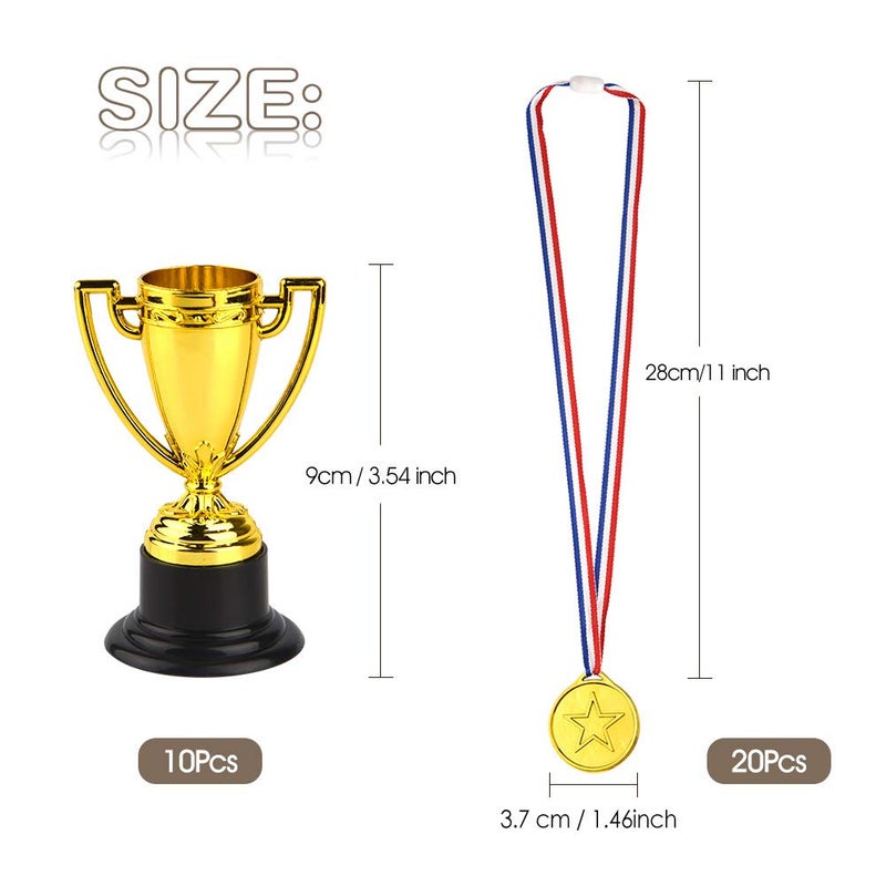 FEPITO 30 Pcs Trophies Medals Set 10Pcs Gold Plastic Trophy Cup and 20Pcs Winner Medals for Kid Party Sports Awards - Image 2
